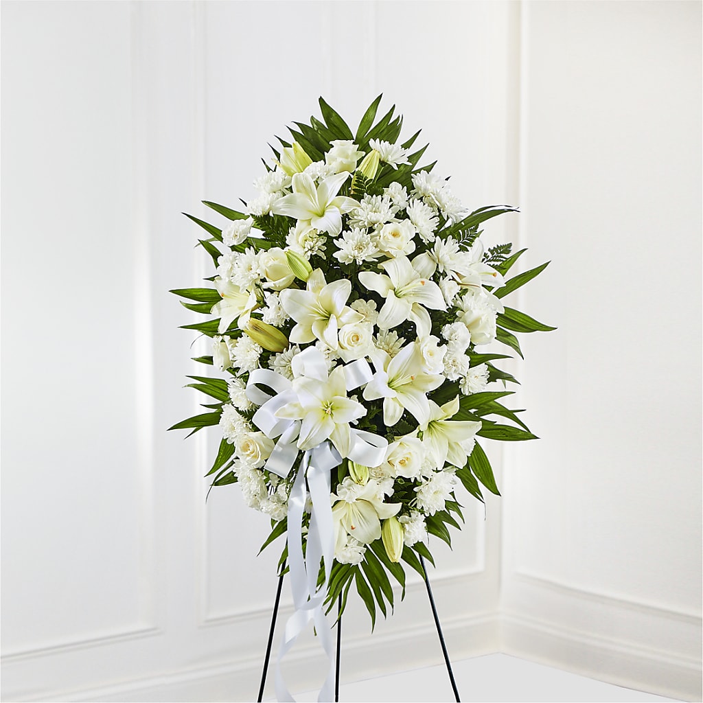 Exquisite Tribute Standing Spray-White Ribbon